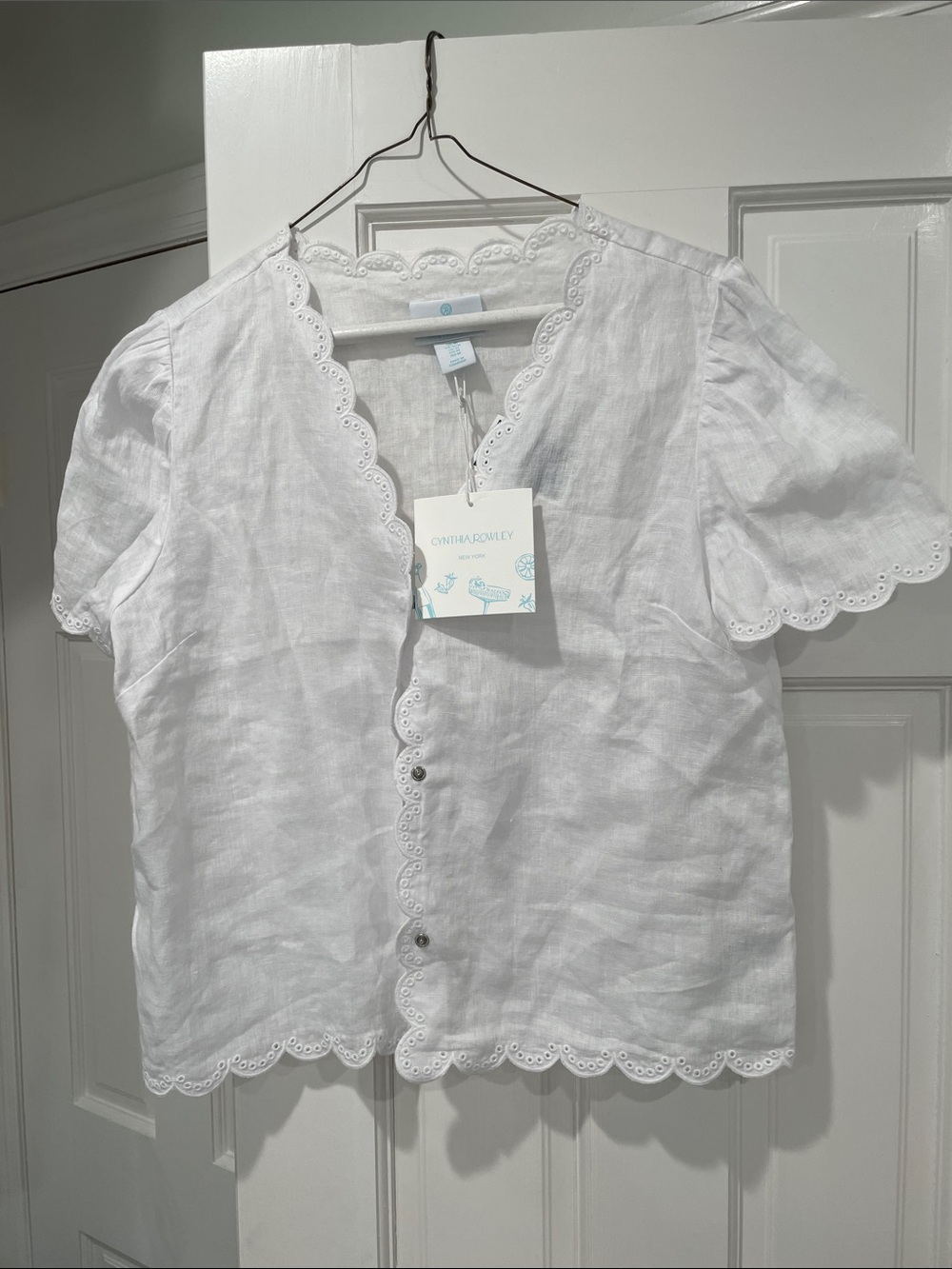 Cynthia Rowley White Eyelet-Trim Button Front Linen Top